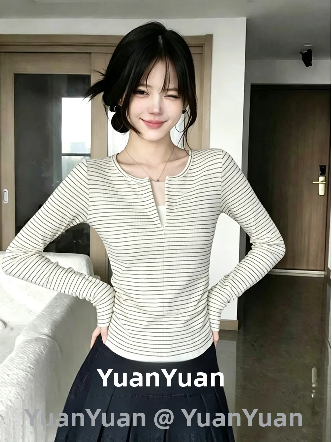 Soft Gentle First Love Stripe Long Sleeve Women's T-shirt Inner Wear Slimming Base Layer Top Casual Style Standard Fit