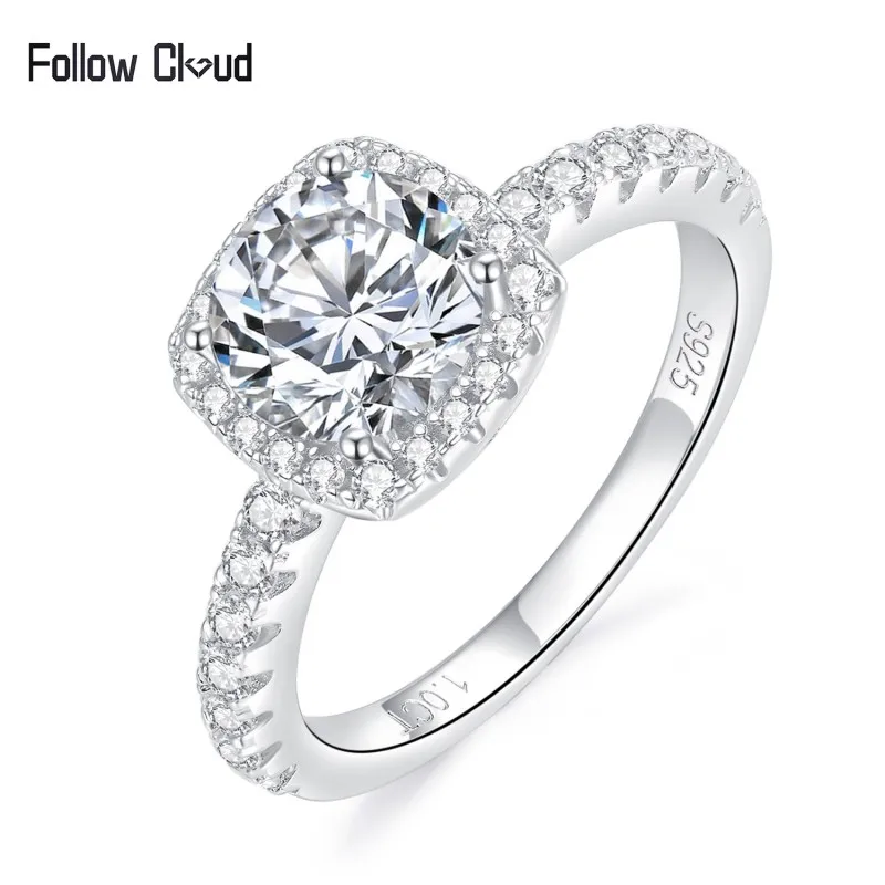 

Follow Cloud 925 Sterling Silver Square Cut Moissanite Ring 1.0ct 2.0ct 3.0ct D Color Diamond Halo Engagement Rings for Women