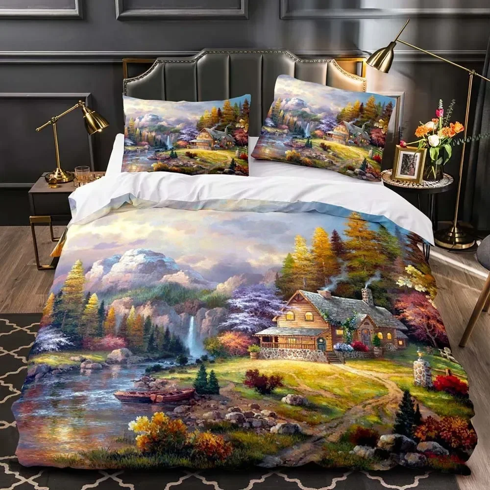Fairy Theme Bedding Set Fantasy Castle Duvet Cover Set King Queen Size,Magic Kingdom Elves Trees Polyester Quilt Cover for Kids