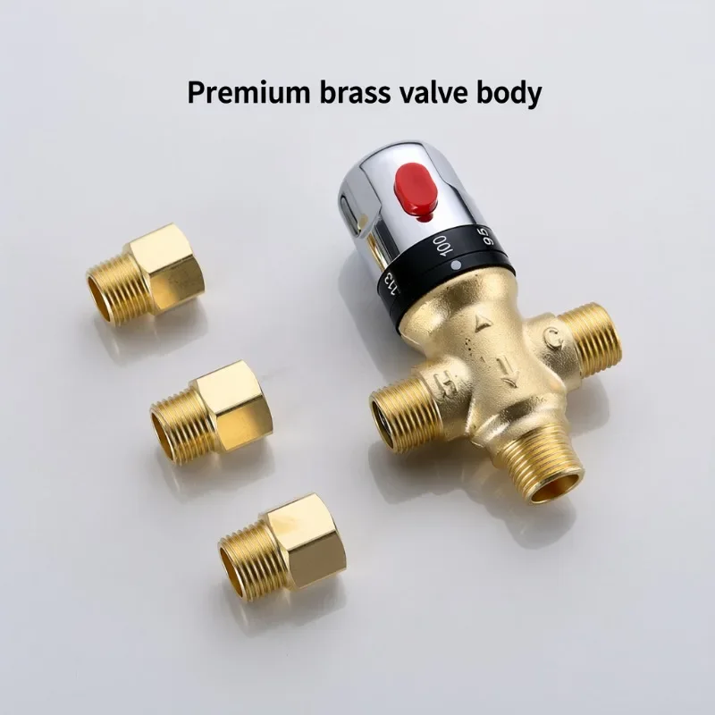 Brass Three-way Thermostatic Mixing Valve 1/2NPT Thread Hot Cold Water Blender Water Heater Pipeline Temperature Control