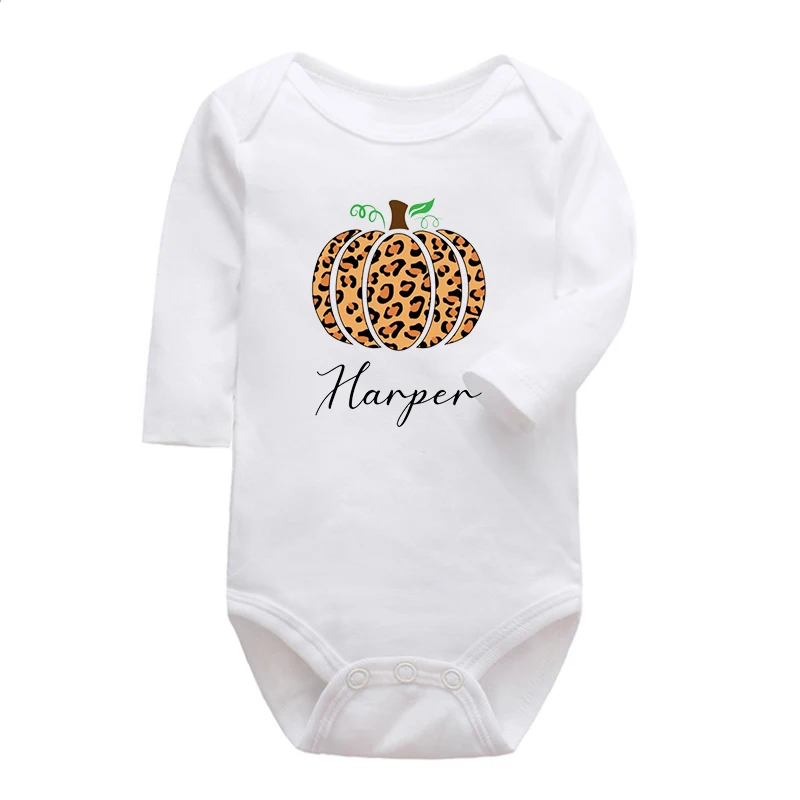 Leopard Print Pumpkin Custom Name Baby Newborn Girl Clothes Fall Baby Shirt Pumpkin Baby Announcement Thanksgiving Bodysuits