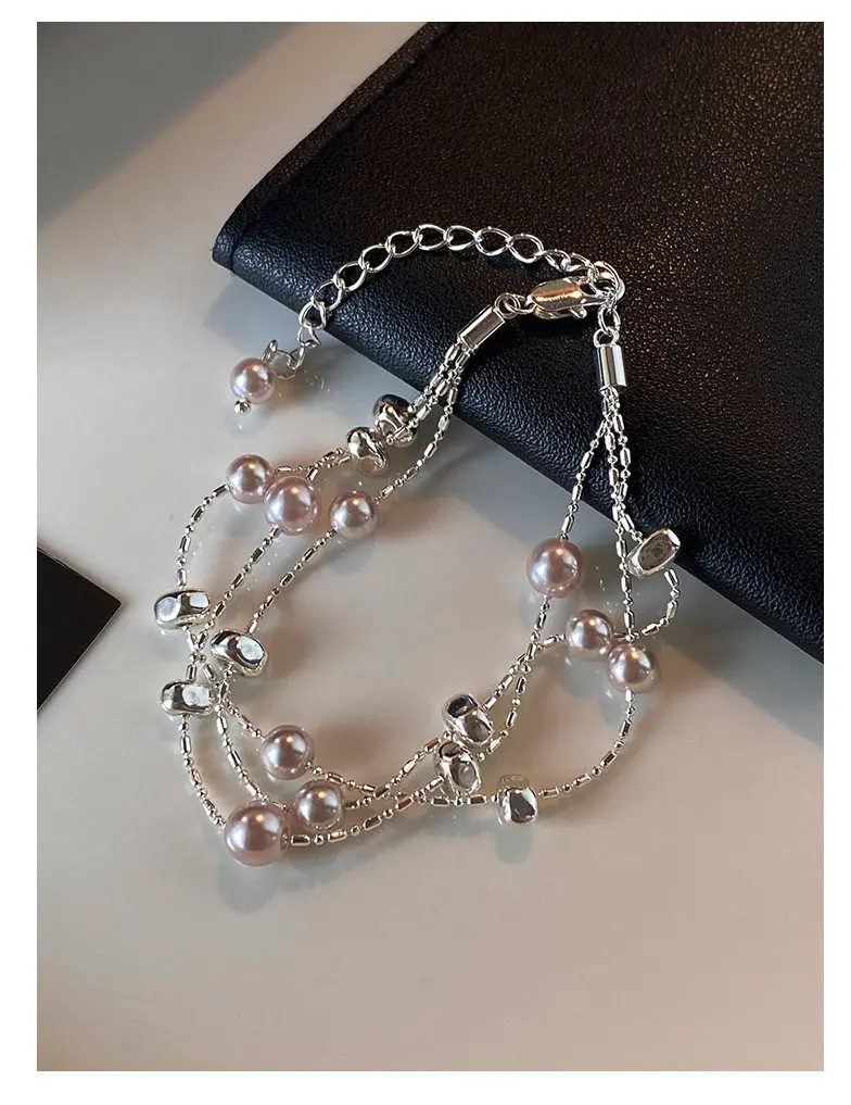 Manta Rose Lila Imitationsperlen Metall Dreischichtige Silberfarbene Armbänder für Frauen Luxus-Schmuck Stilvolles Handgelenk-Accessoire – Detail 11