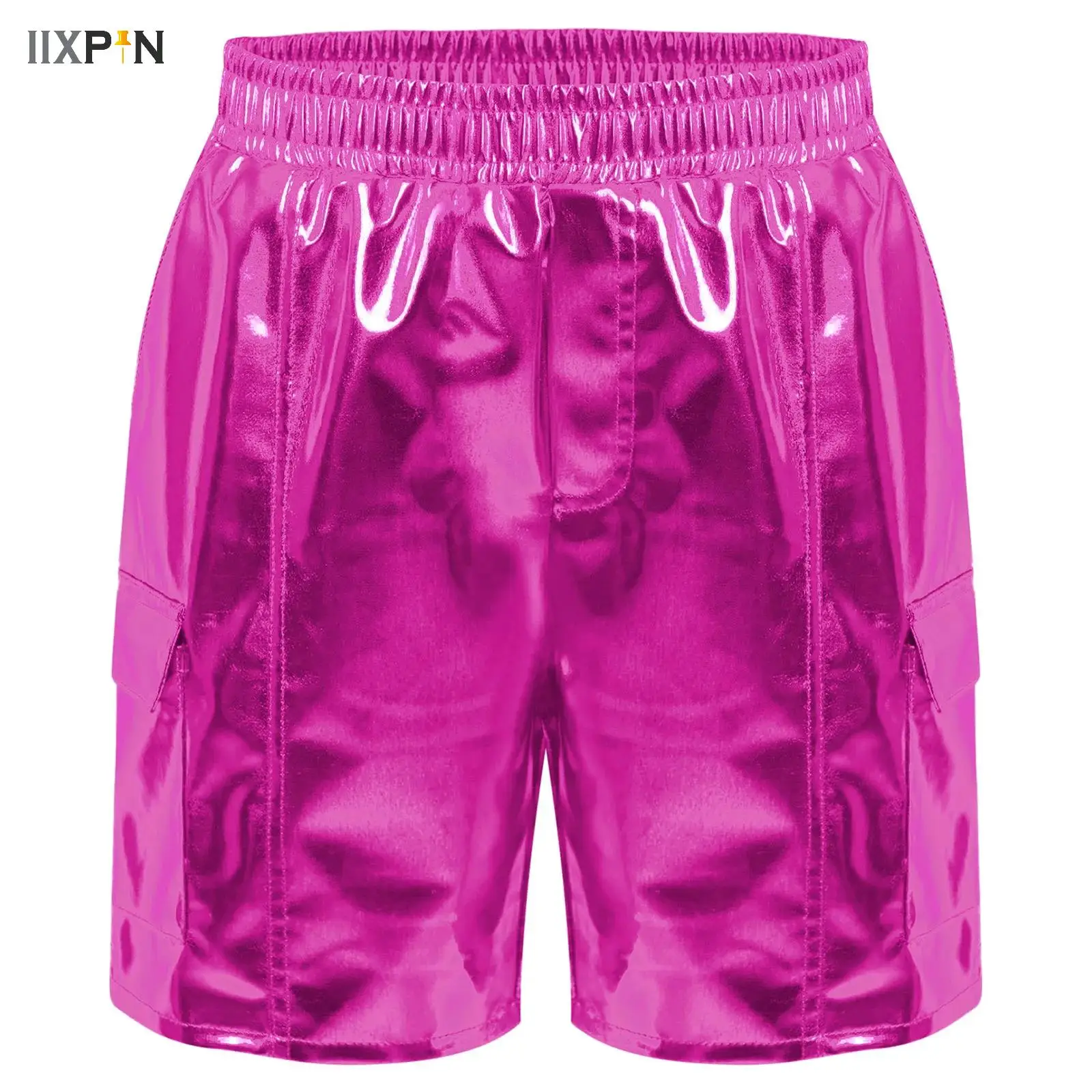 

Kids Boys Girls Metallic Shiny Cargo Shorts Jazz Street Dance Cheerleading Stage Performance Costume for Children Day School