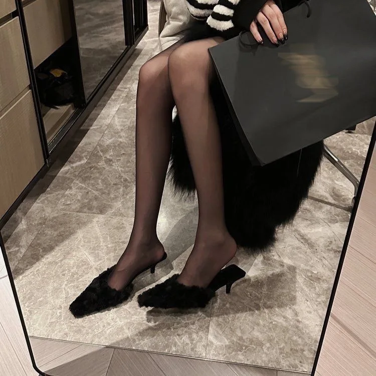 Black Fur Slingback Pumps Sandals Women Fashion Pointed Toe Shallow Slip-on Plush Pumps Ladies Elegant Evening Party Heel Shoes