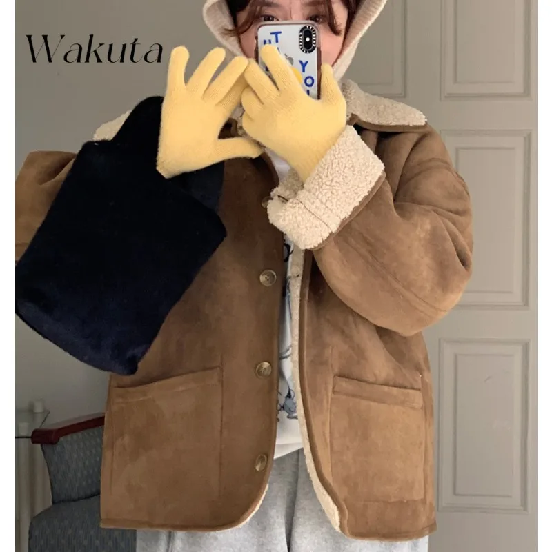 WAKUTA Chic Chic Lapel Front and Back Dual Wear Pocket Jacket Fall and Winter Retro Loose Versatile Warm Lamb Wool Jacket Female