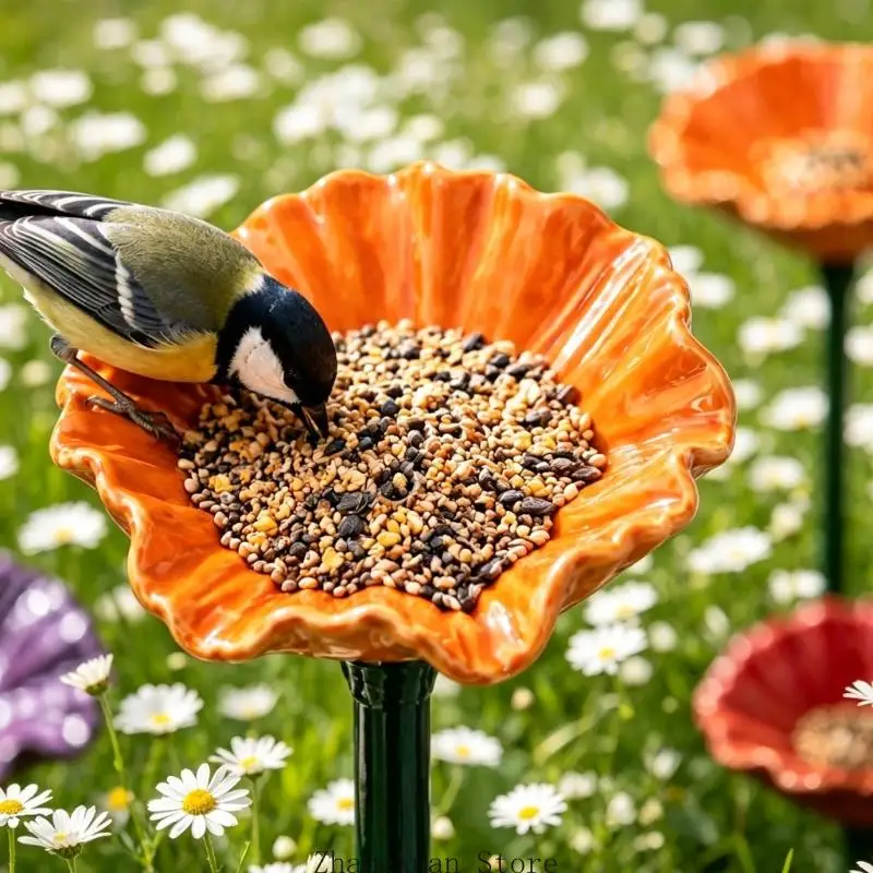 Outdoor Ceramic Flower Garden Stake with Metal Pick and Shallow Water Dish for Yard Use in Container Garden Zones 3XUF