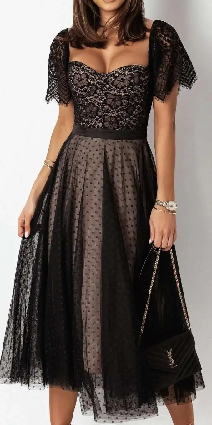 

Dress Short Sexy Sleeve Lace Dress Summer Open Back Waist Wrapped Cotton Dress Lace 2025 Summer Dress Robe Vestido Women Elegant