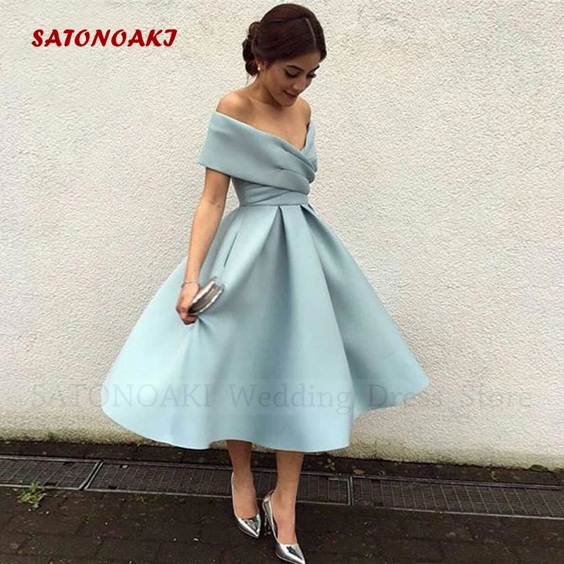 2024 Women\'s Elegant Off the Shoulder Satin Short Evening Prom Dresses Tea Length A-Line Party Dresses Vestidos De Noche Custom