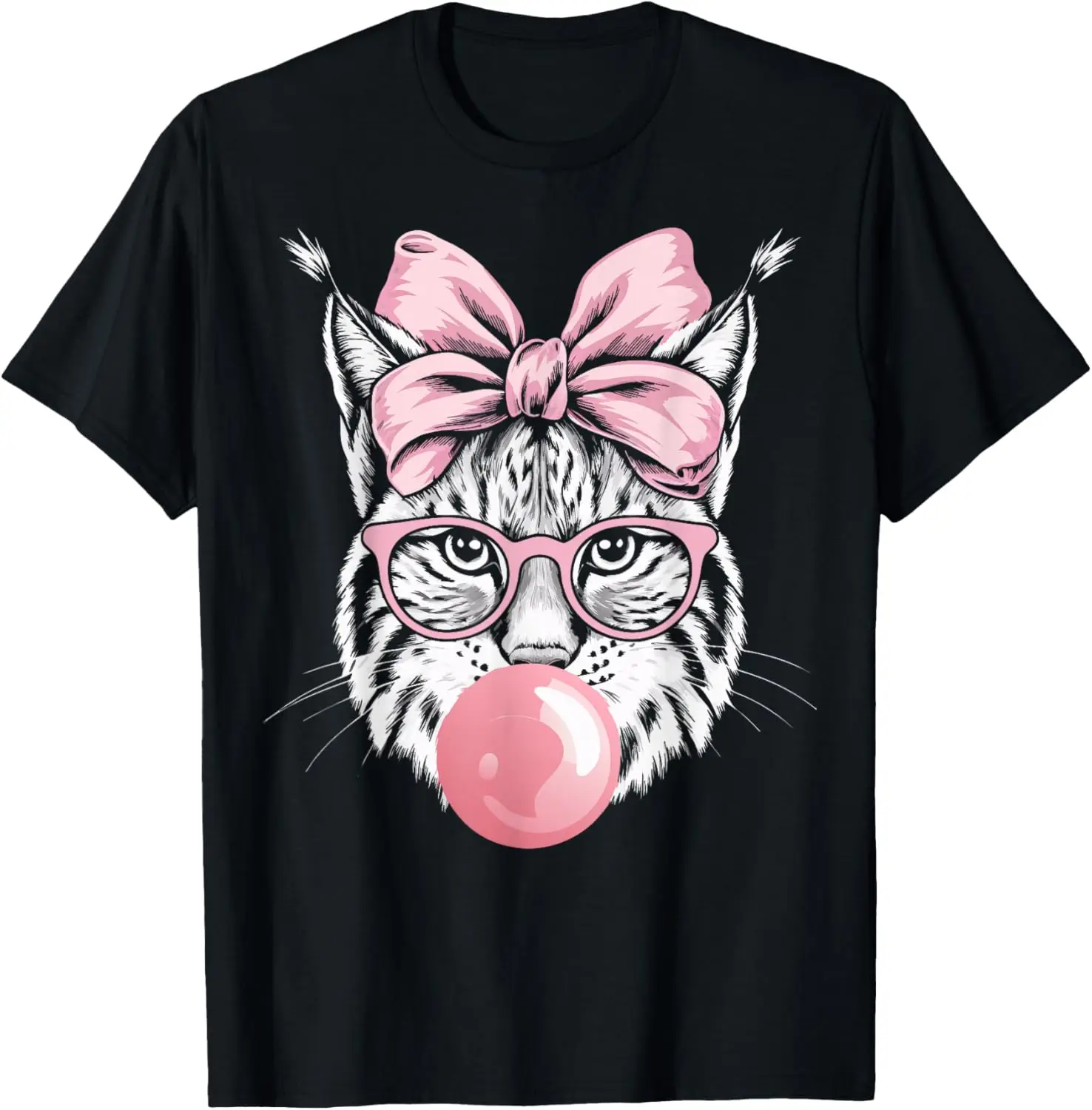 

Bobcat с розовым бантом, очки, жевательная пузырьковая резинка, графическая футболка, рубашка с забавными животными для мужчин и женщин
