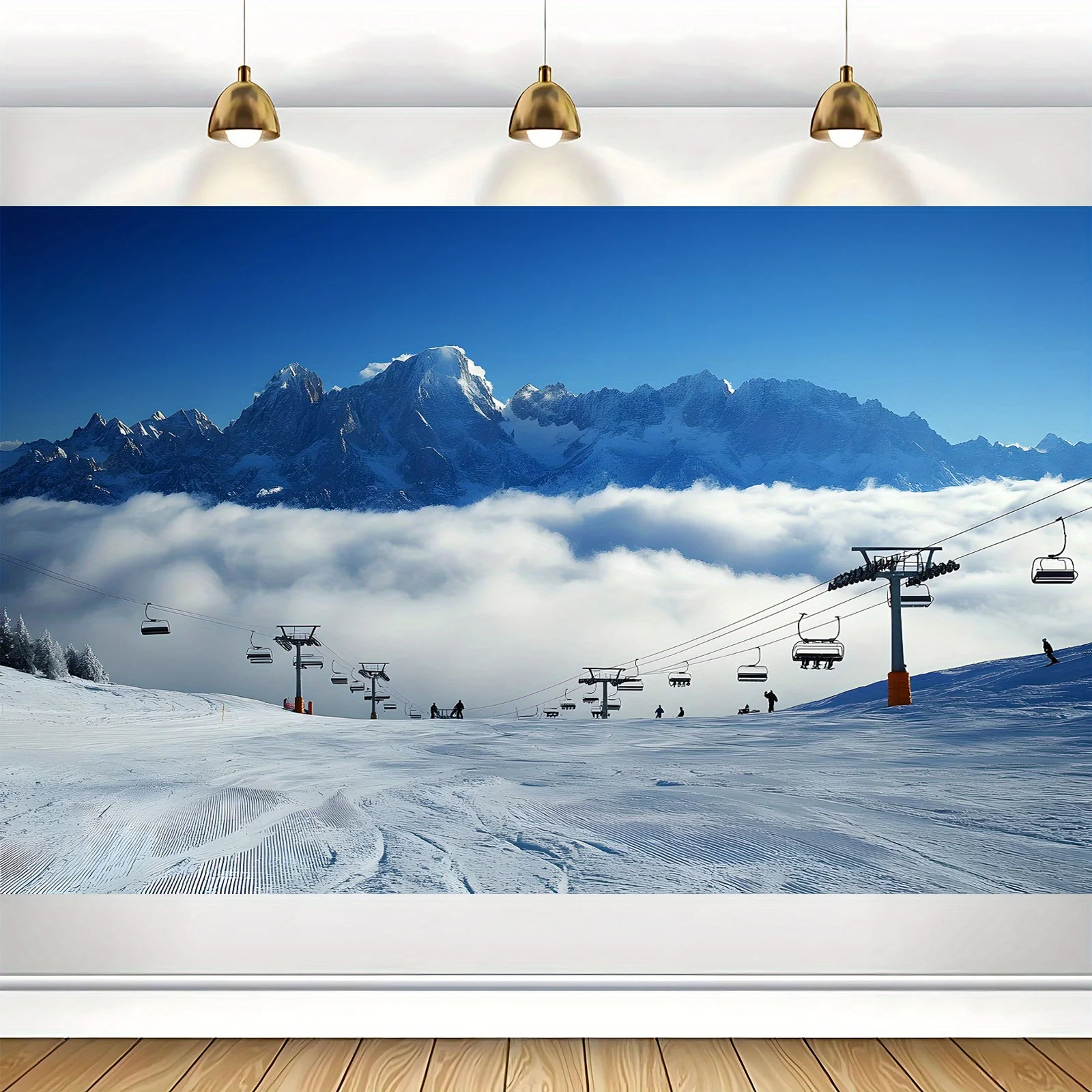 Snowy Mountain Ski Resort Chairlift Clouds Tapestry 2D Flat Winter Sports Landscape Wall Hanging for Living Room Bedroom Decor
