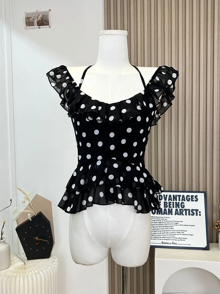 

Summer 2024 New Design Women Polka Dot Butterfly Sleeve T-Shirts American Style Sexy Quality Halter Top Daily Cozy Gyaru Tees