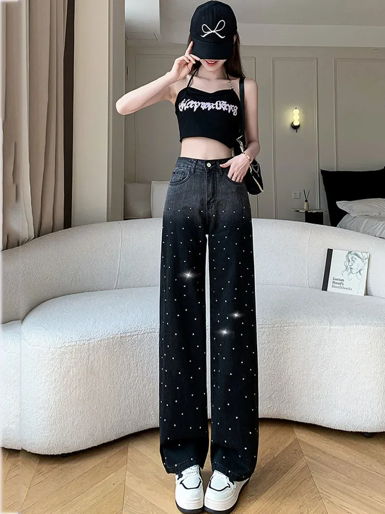 Trendy Fashion Women\'s Diamonds Gradient Straight Jeans 2024 Summer New Items High Waist Pockets Denim Pants Female