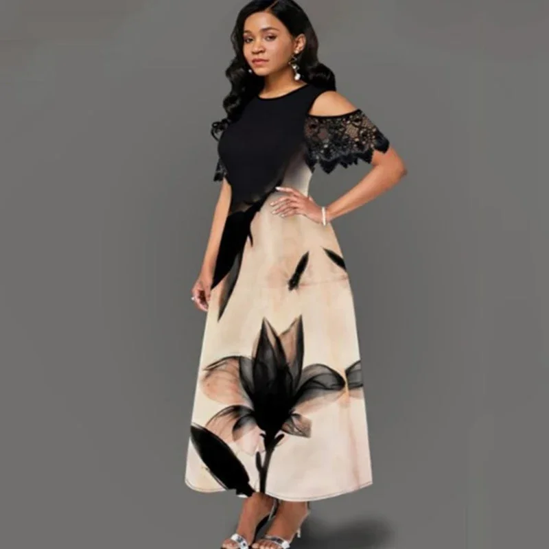 Robe longue d'été en dentelle pour femmes, manches dénudées, polyvalente, décontractée, col rond, impression d'épissure, Slim, taille haute, nouvelle collection