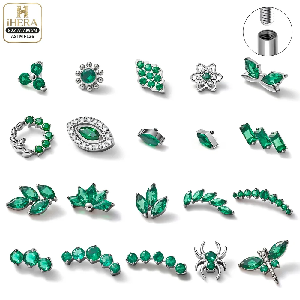 ASTM F136 Titan Grüner CZ Labret Piercing Conch Helix Stud Set Blatt Spinne Libelle Geometrisch FlatBack Körperschmuck Knorpel