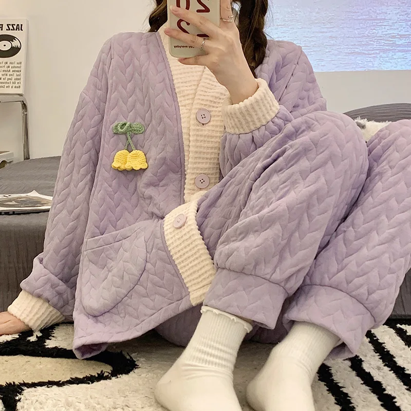 Autumn Winter 2pcs Nursing Set Maternity Women Loose Sleepwear Air Cotton Thickened Pajamas Side Open Breastfeeding Home Clothes