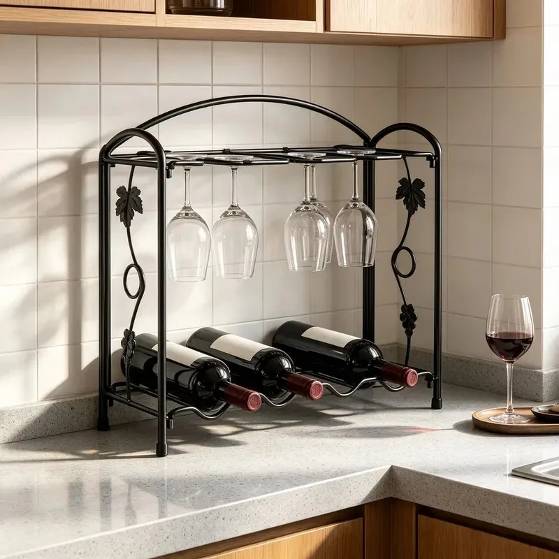 Modern Metal Panel Wine Rack 4 Bottle Holder with Hanging Glass Rack for Kitchen Counter Home Decoration