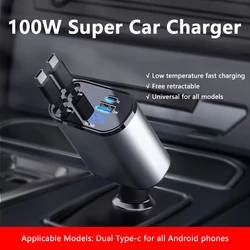 100W Scalable Car Charger 4-in-1 USB C- Cable Suitable for IPhone, Huawei, Samsung Fast Charging Cable, Cigarette Lighter Adapte