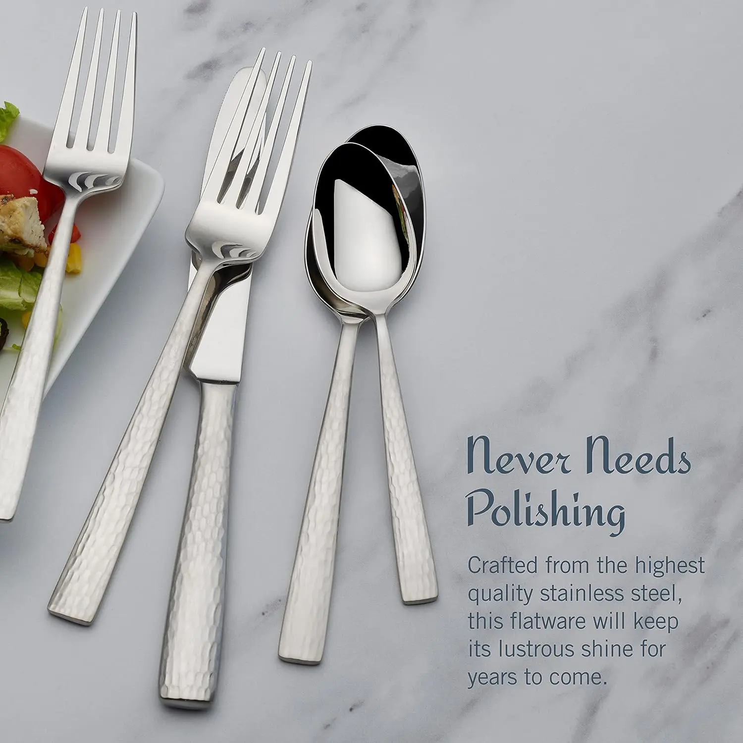 Flatware Set, 65-Piece Service for 12, 18/10 Stainless Steel Silverware with Hammered Design and Satin Finish view 3