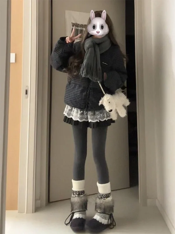 

Korean Style Retro Blue Grey Plaid Cotton Jacket Women's Winter New Small Size Versatile Warm Bread Style Outerwear Trendy