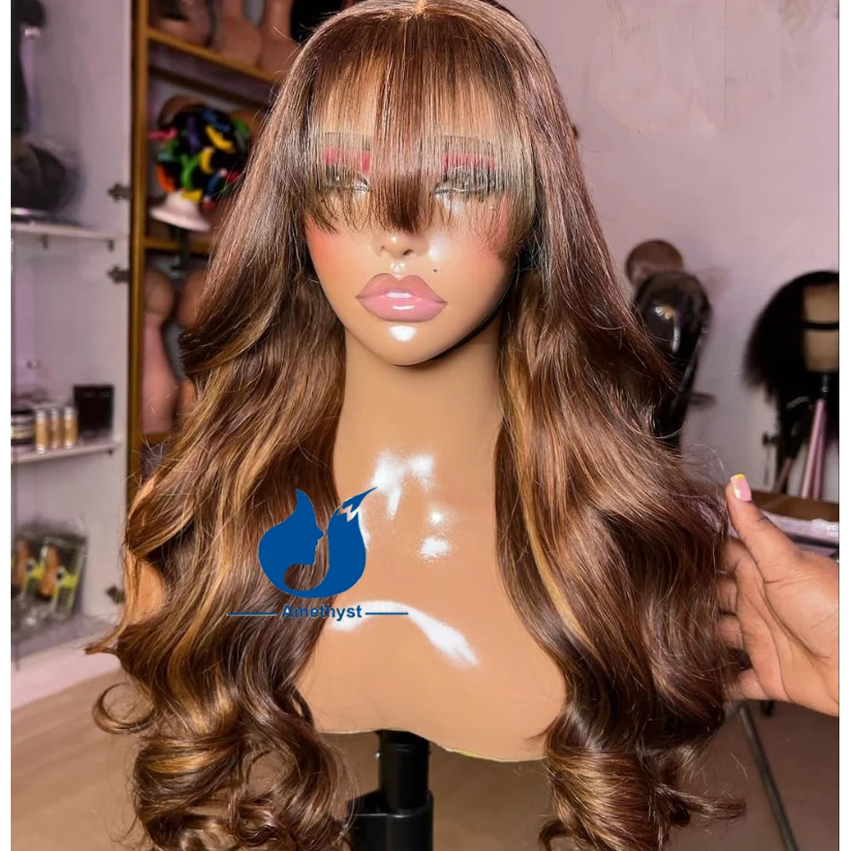 

Amethyst Body Wave Blonde Highlight Full Machine Human Hair Wig With Bangs Scalp Top Brazilian Glueless Wig For Women Remy Hair