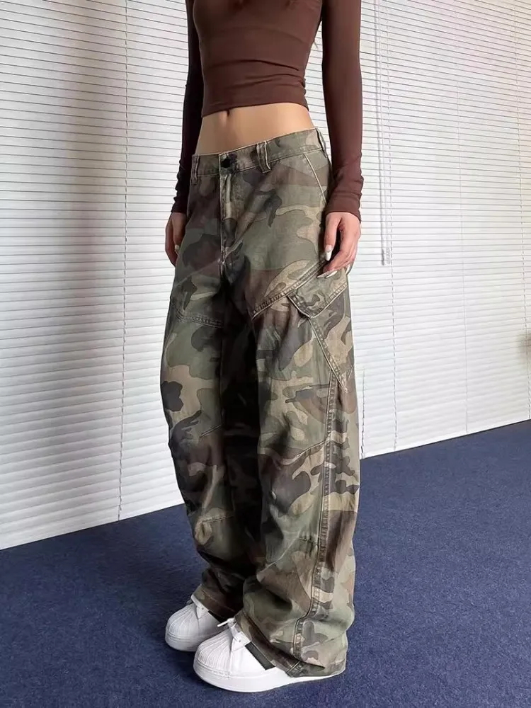 American High Street Retro Camouflage Work Pants Loose Straight Leg Men's Side Pocket Design Casual High Waist Jeans