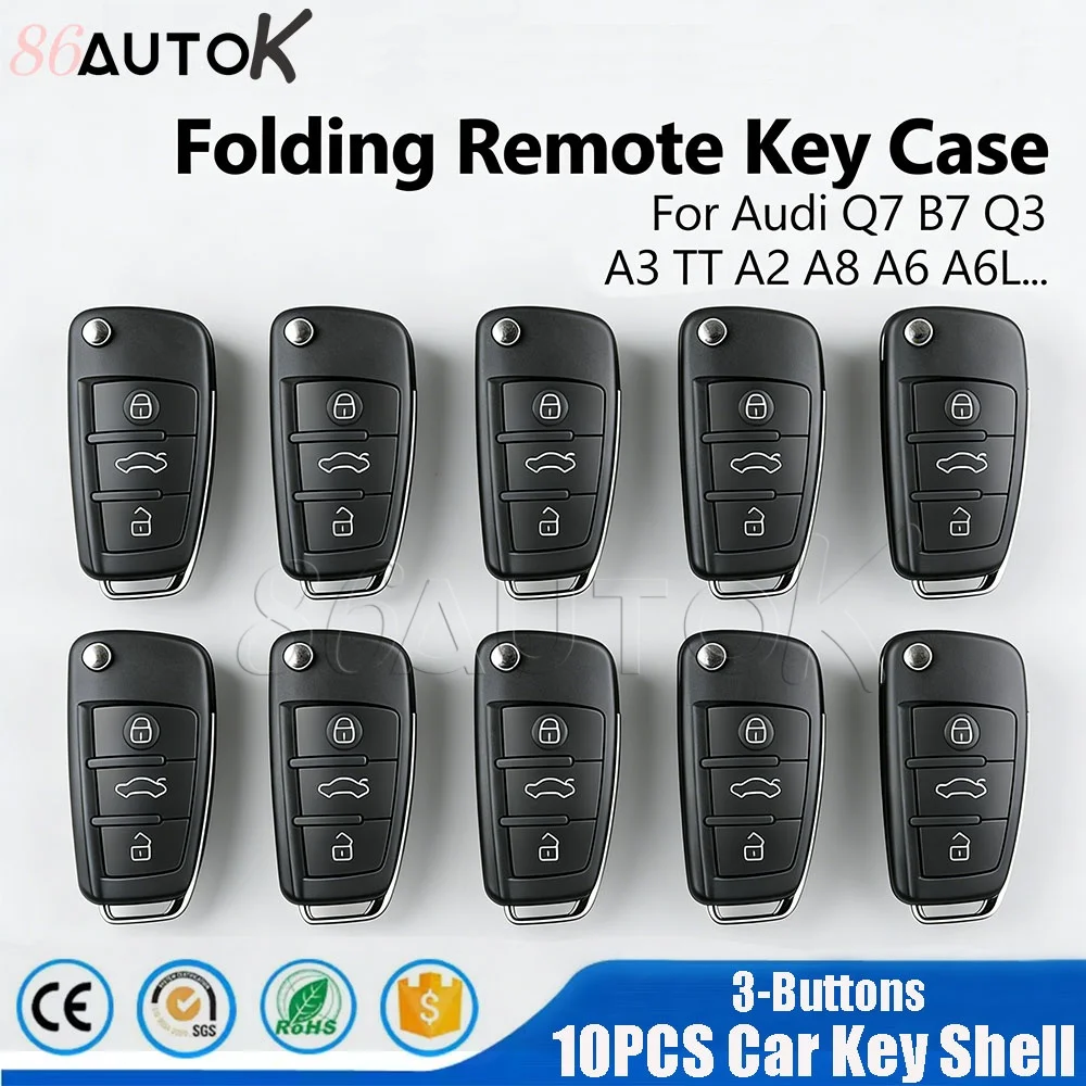 10PCS - Folding Car Key Case For Audi Q7 B7 Q3 A3 TT A2 A8 A6 A6L A4 S5 C5 C6 B6 Replacement Remote Key Shell Cover 3 Buttons