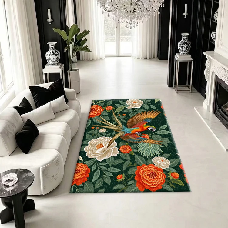Tropical Parrot Peony Floral Art Carpet Fashionable Home Printed Carpet Decoration Suitable for Home Living Room Lounge