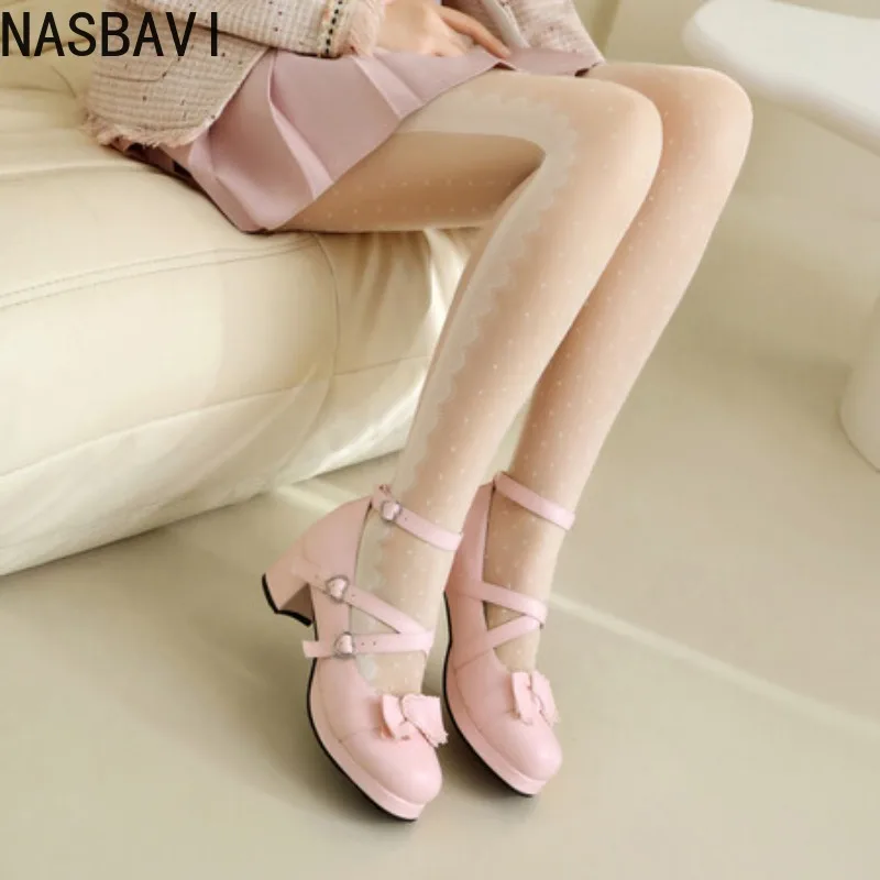NASBAVI Sweet Cross Buckles Lolita Pumps for Ladies Block High Heels Platform Wedding Party Mary Janes Shoes Women Pink Red