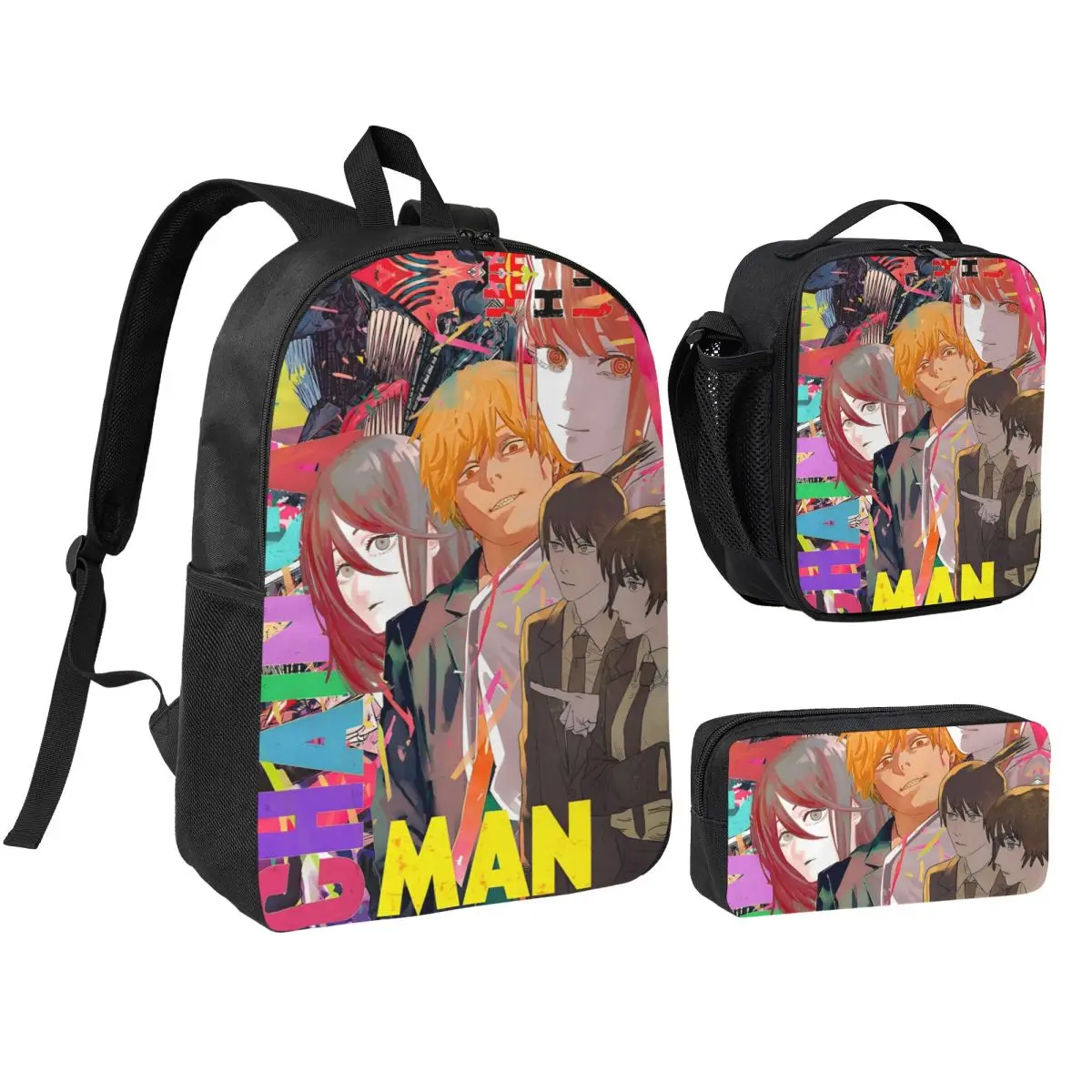 3pecs/set Chainsaw Man Reze Backpack for Student Makima Power Aki Denji Canvas Bags Lunch bag Pencil Case