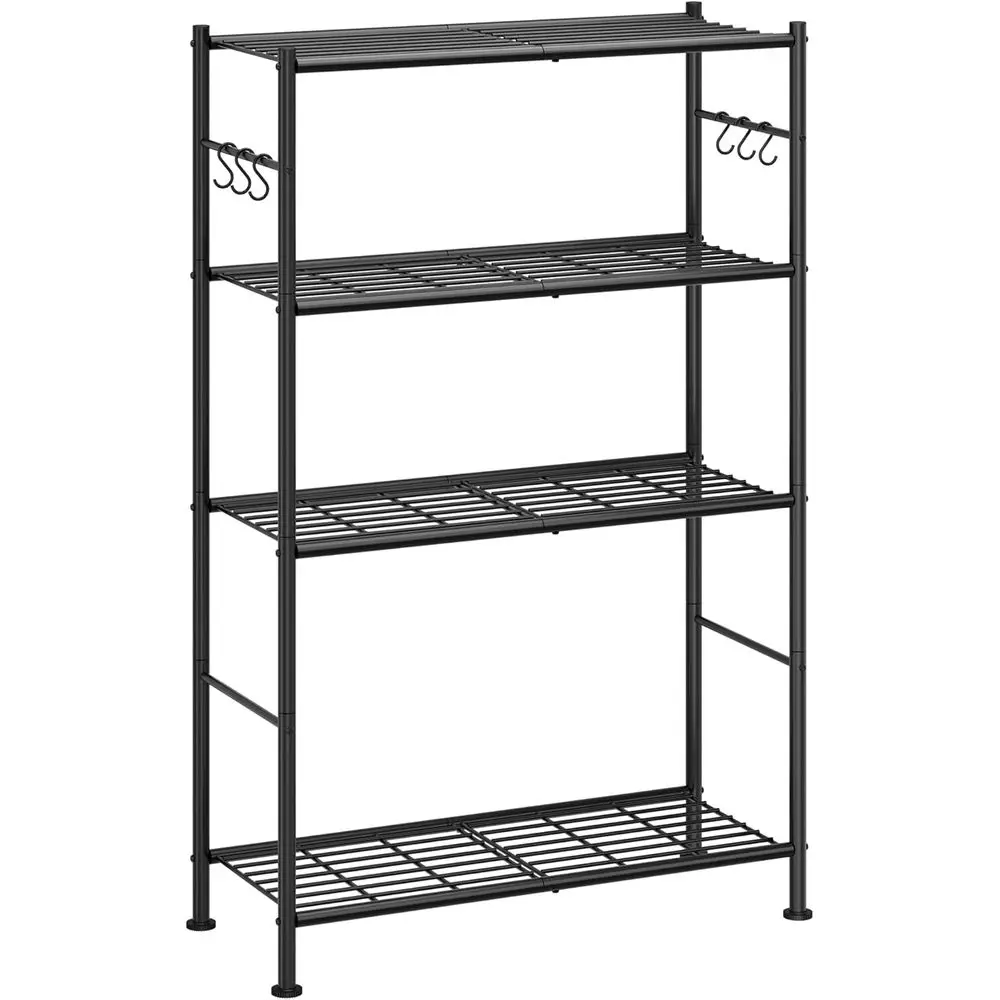 4-Tier Storage Shelf Organizer with Hooks, Adjustable Feet, Rust-Resistant, Ideal for Garage, Kitchen, Pantry, Bedroom, 33.2 x 1