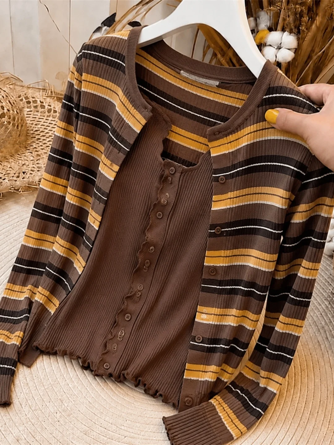 Korean Style Striped Knitted Open Cardigan Long Sleeve Fashionable New Arrival Autumn Season Elegant Versatile Top Trendy