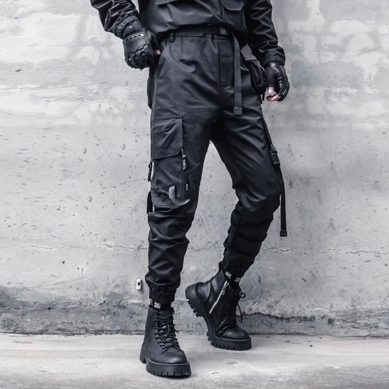 Hip Hop Tactical Cargo Pants Men Ribbons Joggers Trousers 2023 Autumn Functional Elastic Waist Fahsion Streetwear Pant Black