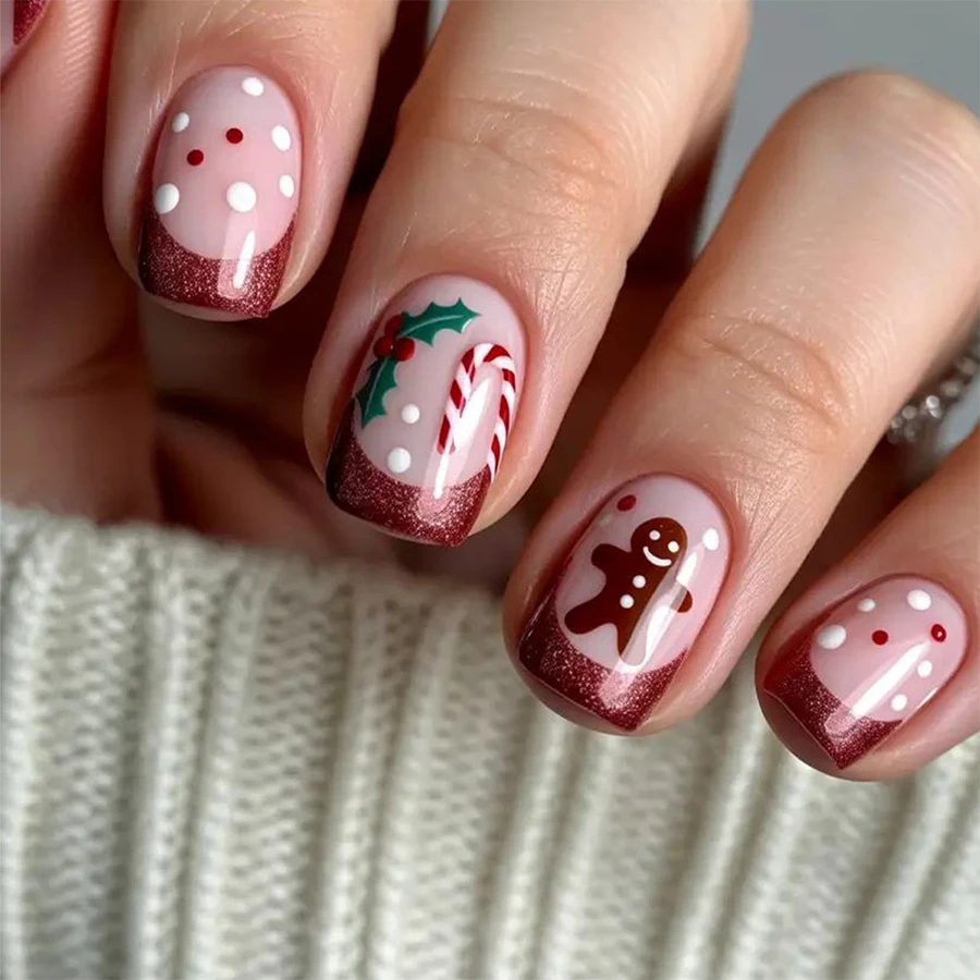 24-Piece Christmas Short Press-On Nails Gingerbread Man Candy Cane Polka Dot French Style Fake Nails with Jelly Glue Nail File Removable Finished Nail Set
