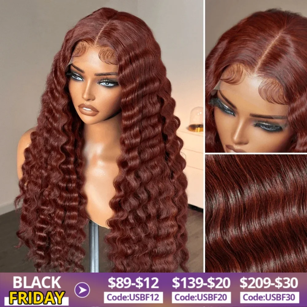 Wear And Go Reddish Brown Water Wave 13x4 Full Lace Front Human Hair Wig Glueless Curly Wigs 180% Density 28inch for Women