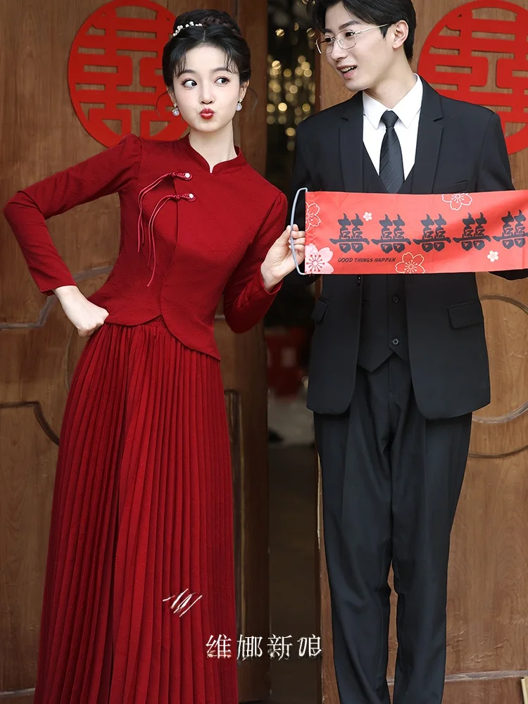 

Новое китайское свадебное платье-ципао белого цвета с красными акцентами для помолвки и церемонии, для молодых невест, винтажное, с длинными рукавами