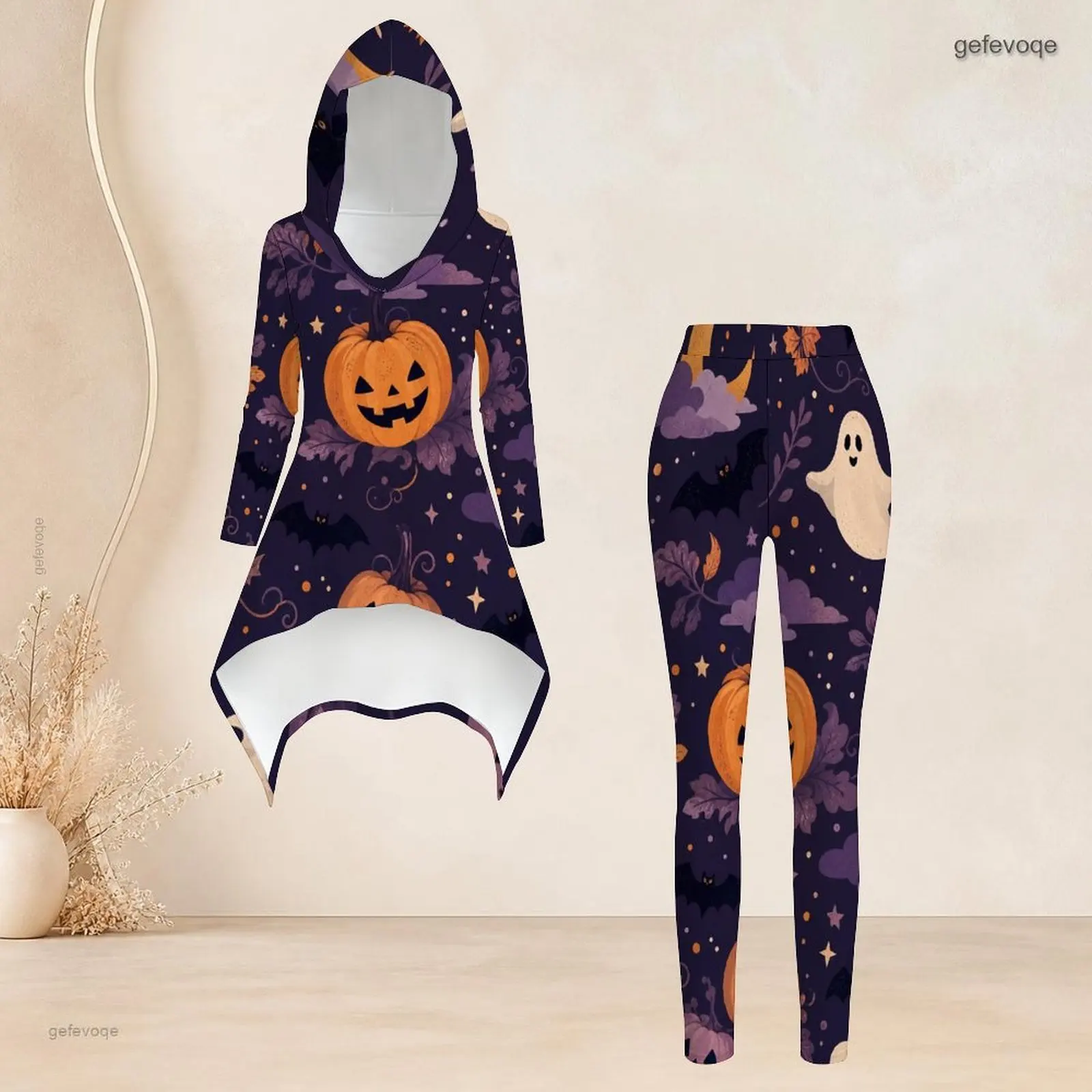 Women Halloween Pumpkin Ghost Bat Printed Hooded Long Sleeve High Low Top and Fitted Leggings Two Piece Set