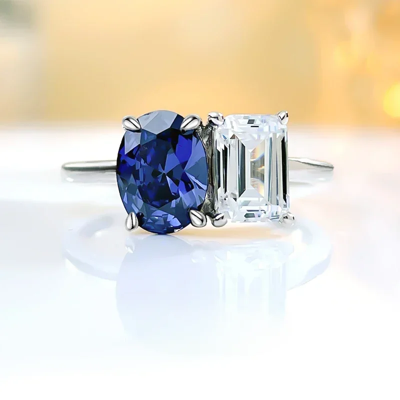 

Fashionable, luxurious, compact, two stone contrasting blue sapphire s925 sterling silver ring inlaid with wedding jewelry