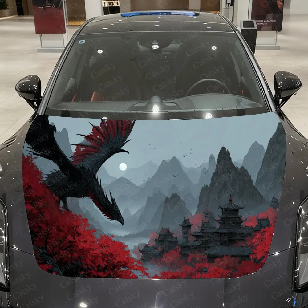 Red Forest Peaks Dragon Hidden Realm Car Vinyl Wrap, PVC Waterproof Car Hood Sticker, Self-Adhesive Scratch-Resistant Stickers