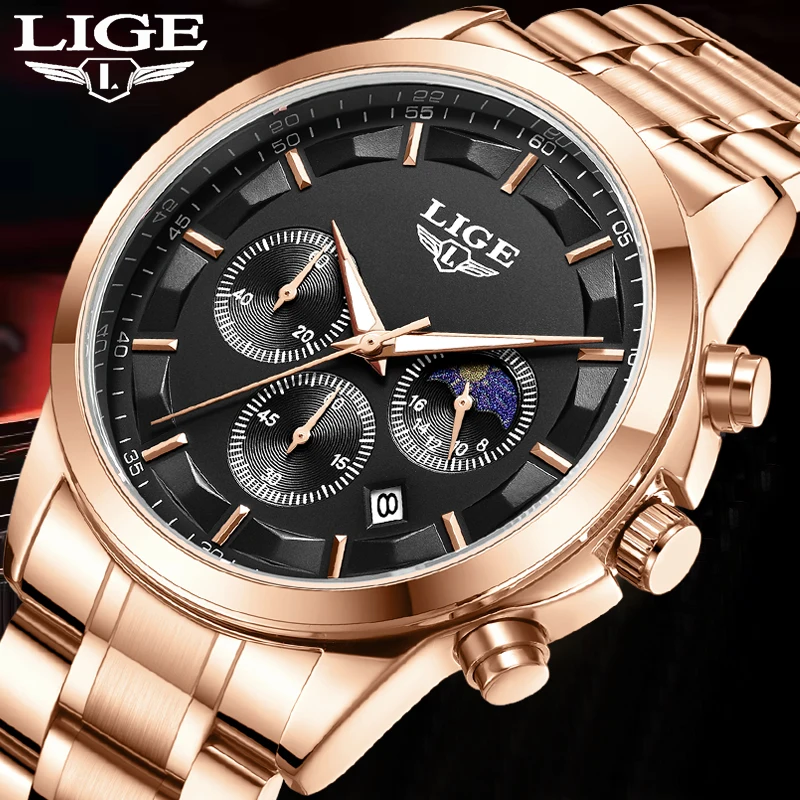 

LIGE New Sports 24 Hour Moon Phase Chronograph Wrist Watch For Men Fashion Business Waterproof Luminous Men's Quartz Watches