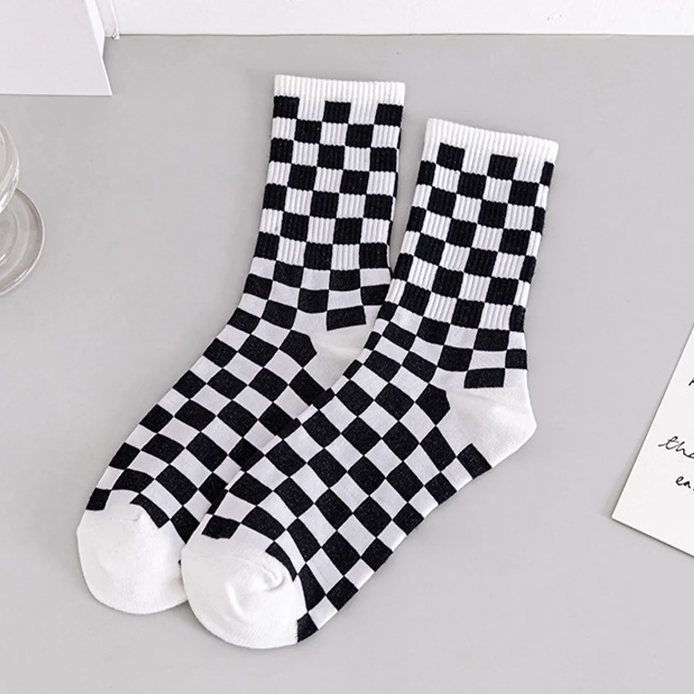 2 Pairs Black and White Plaid Socks Pure Cotton Japanese Style Tube Warm All Season Leisure Ordinary