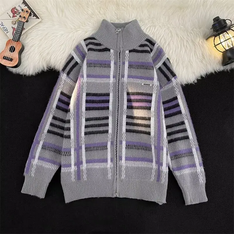 America Retro Knitted Cardigan for Women Plaid Casual Lazy Style Zip-up Warm Coats High Street All-match Soft Autumn Winter Chic