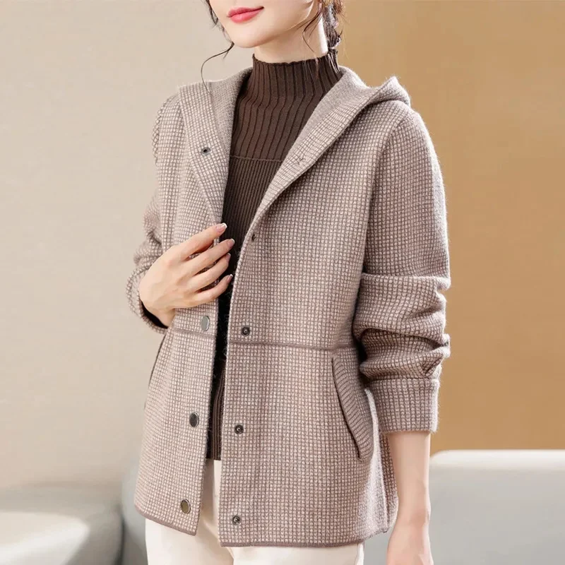 2024 NEW Spring Autumn Female Plaid Cardigan Jacket Hooded Knitted Coat Middle Aged Women Casual Cardigan Sweater Overcoat 4XL