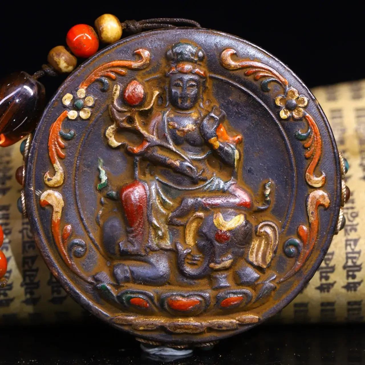 

3"Tibetan Temple Collection Old Meteorite Mosaic Gem gZi Beads Shell Samantabhadra Bodhisattva Buddha Card Pendant Amulet Dharma