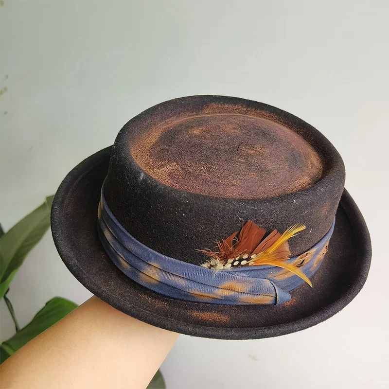 Französischer Schweinefleisch-Pie-Hut für Herren, Vintage-Fedora-Hut für Damen, türkisfarbener Fedora-Hut mit flachem Schirm, Filzhüte, Panama-Hut, Hut für Herren und Damen, Kirchen- und Jazz-Hut. – Detail 4