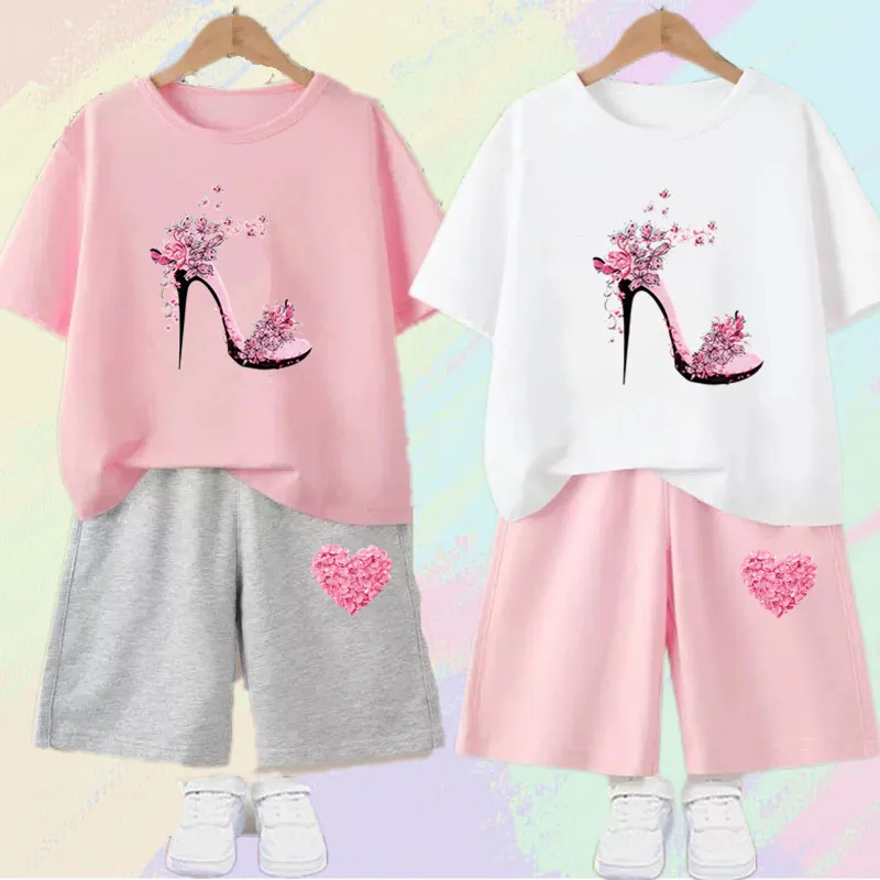 2024 Summer Girls Cotton Clothing Sets Kids Cute Cartoon Butterfly High Heel T-shirt +Shorts 2Pce Suits Childrens Tracksuits