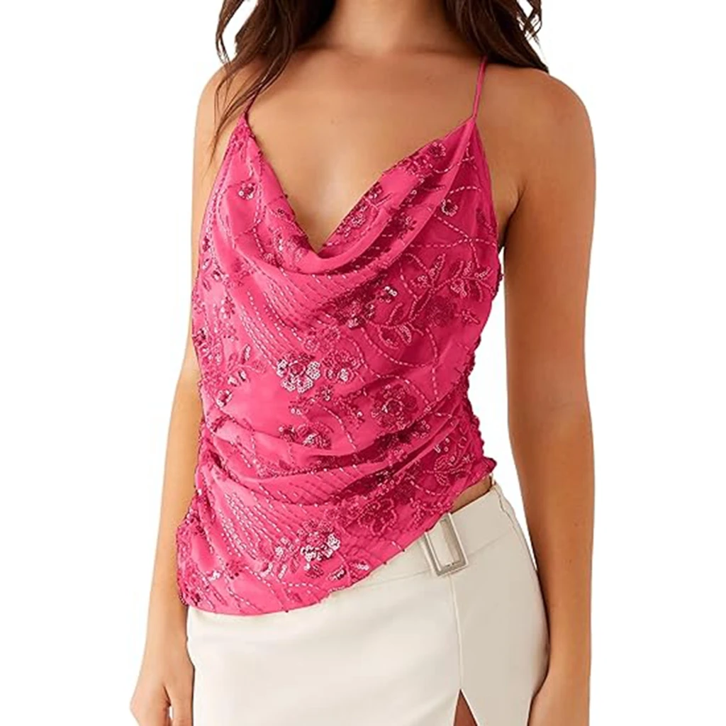 Women Summer Luxury Flower Embellished Sequin Beading Camisole Top Cowl Neck Thin Straps Open Back Asymmetrical Hem Vest