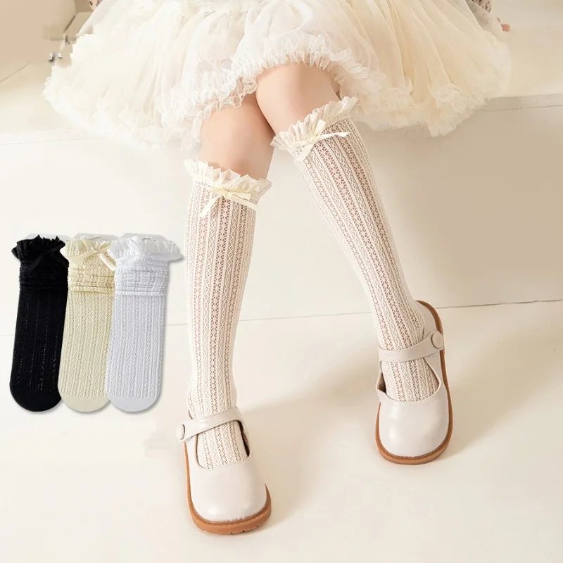 Lolita White Lace Silk Knee-High Socks Fishnet Hollow-out Floral Crochet Bowknot Ruffle Trim Design Stockings Parent Child Socks