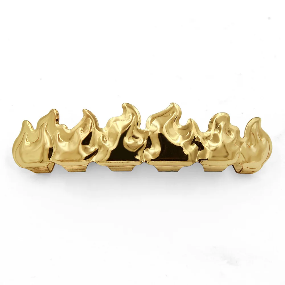 Banhado A Ouro Cor HIP HOP Dentes Grillz, Folha De Chama, Conjunto De Grelha Superior e Inferior, Dentes De Vampiro De Silicone, Presente De Natal