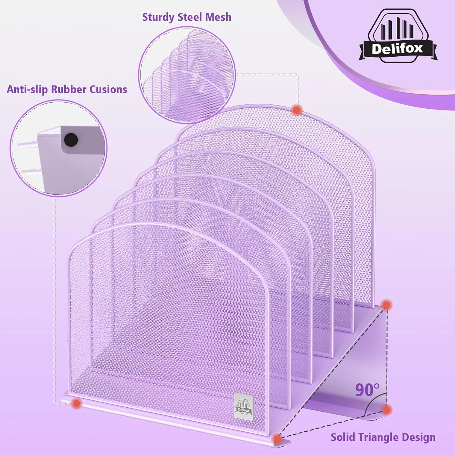 5-Section Vertical Metal File Organizer Stand, Purple Desktop Rack for Office School Paper Storage