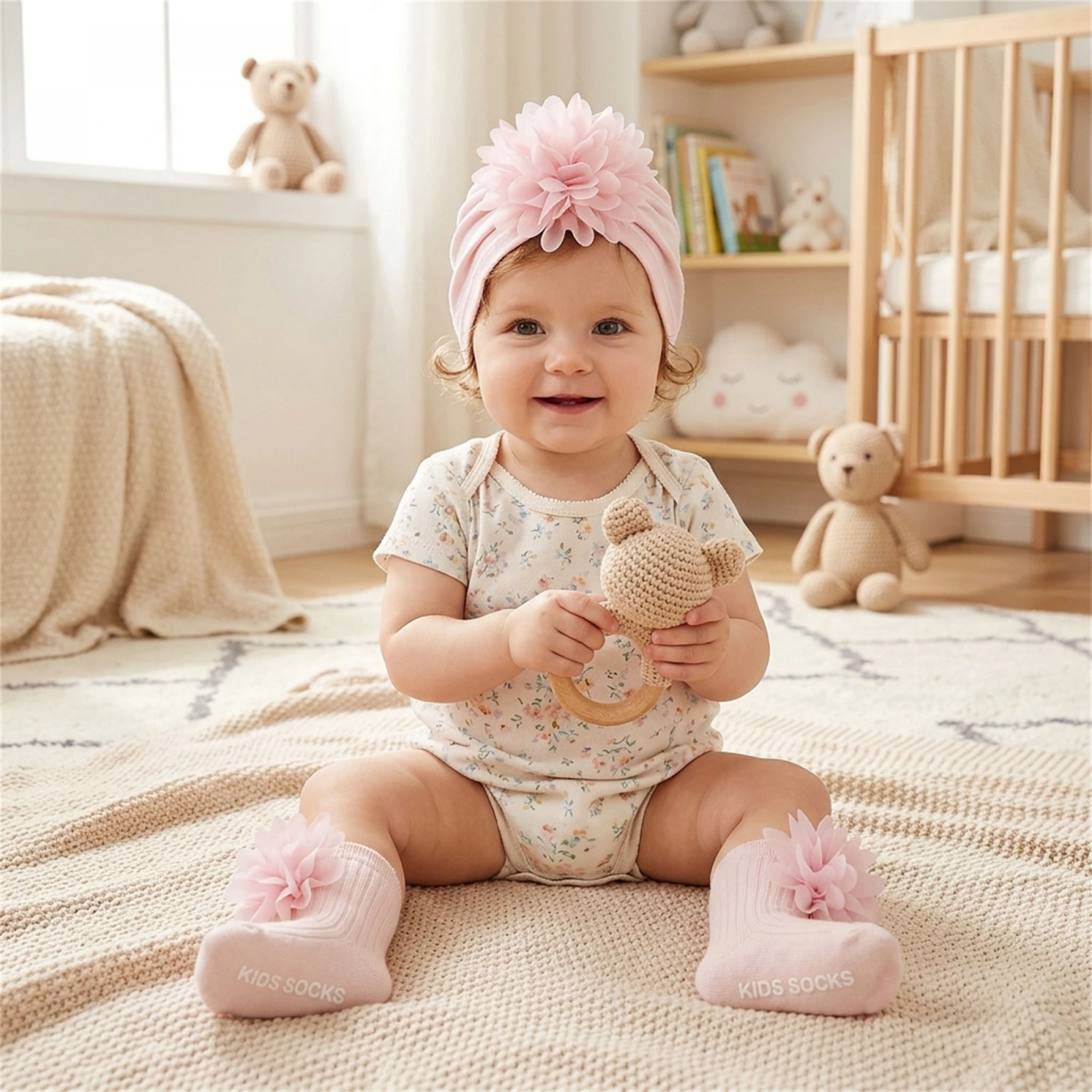 Baby Girl Turban Hat and Socks Set Breathable 3D Flowers Newborn Head Wrap